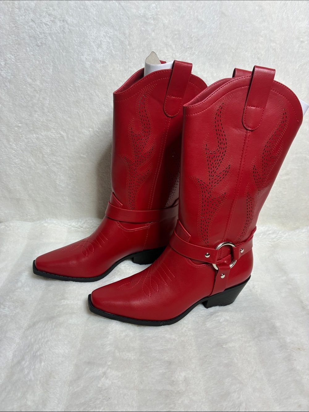 Soda Red Western Harness Heeled Boots for Women